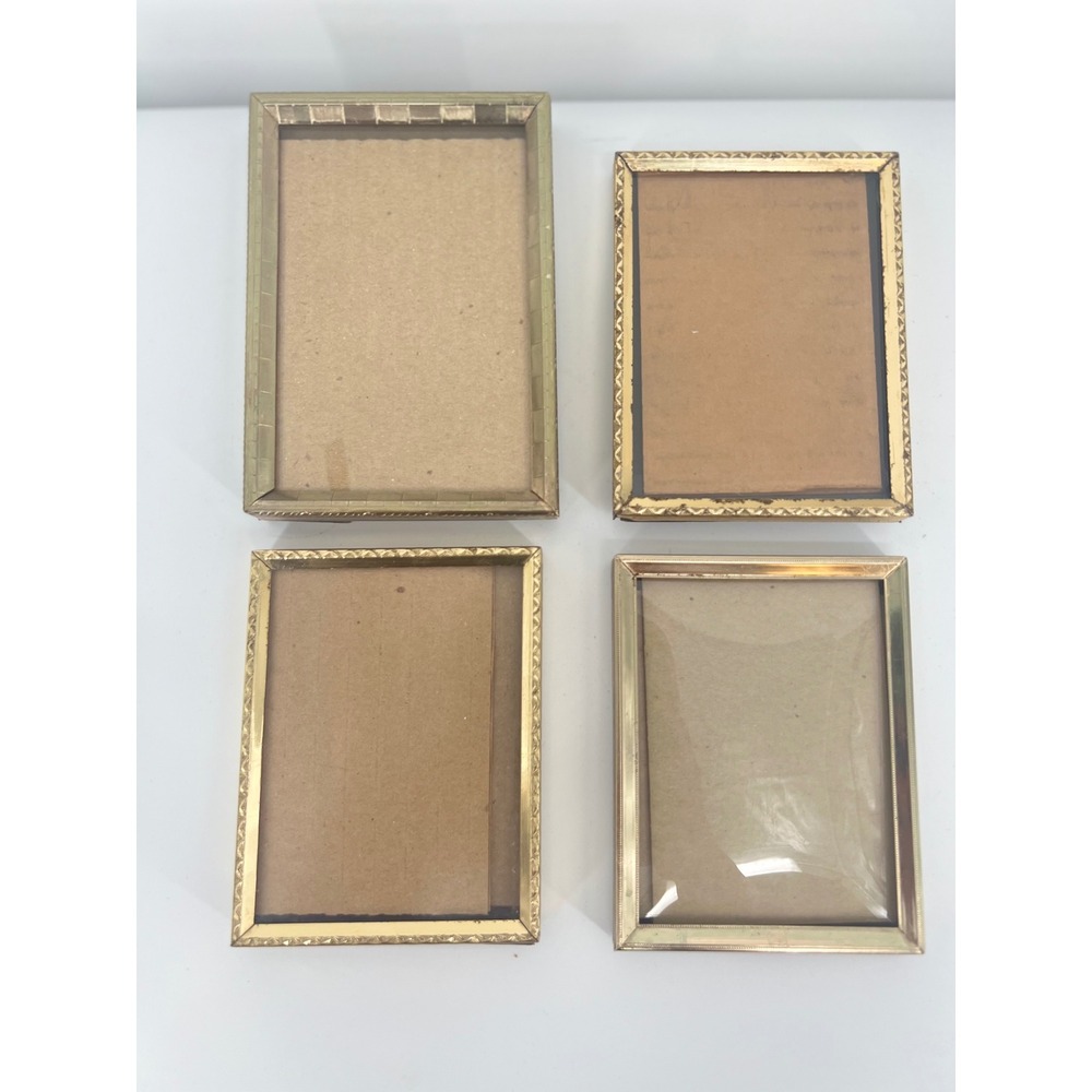Vintage Brass Picture Frame Set Metal Glass Gold Tabletop 4pc Lot 4x3 Ornae
